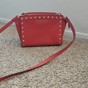 Michael Kors Selma Medium Studded Messenger In Red Steffano Leather